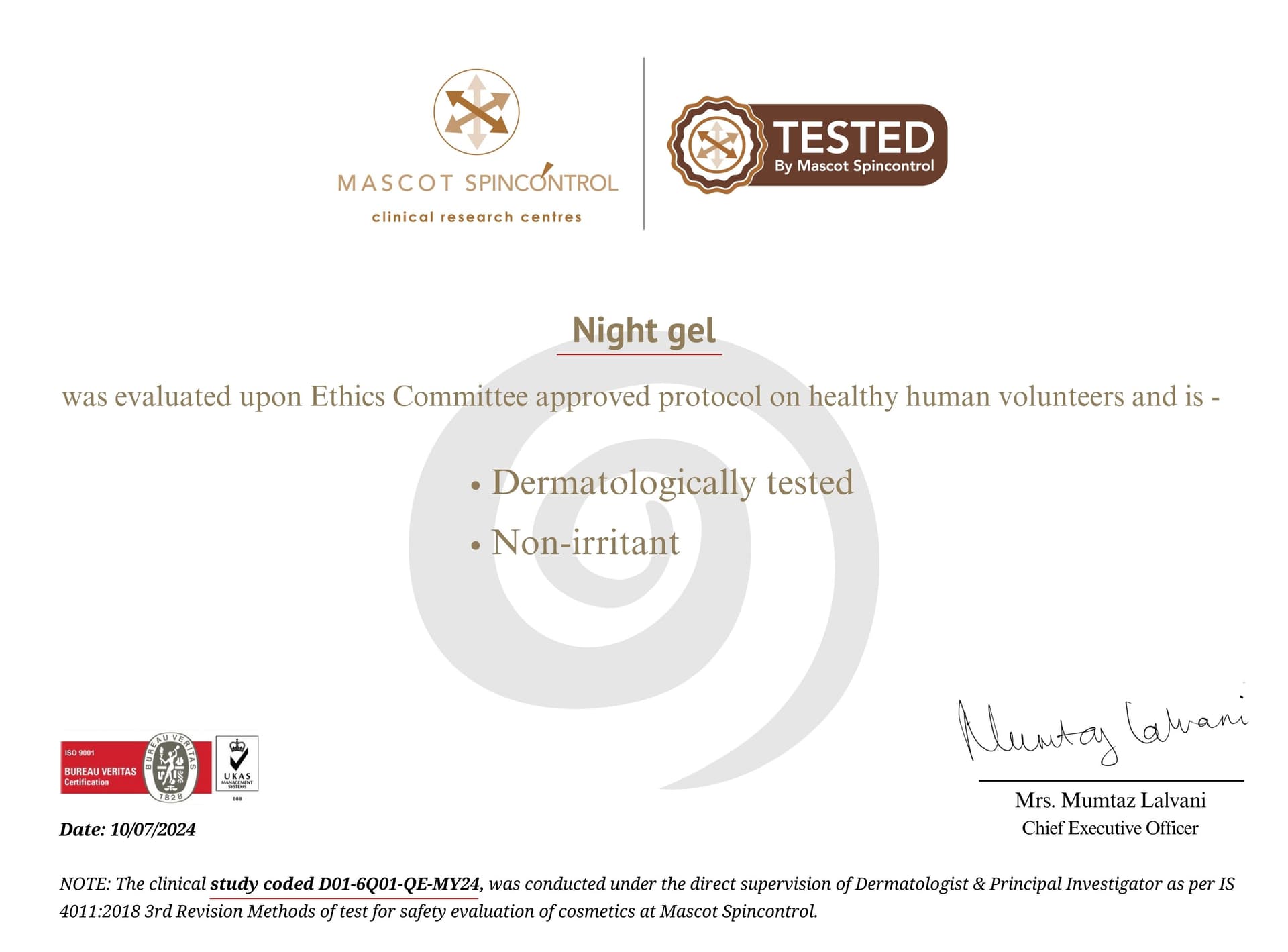 Night Gel certificate